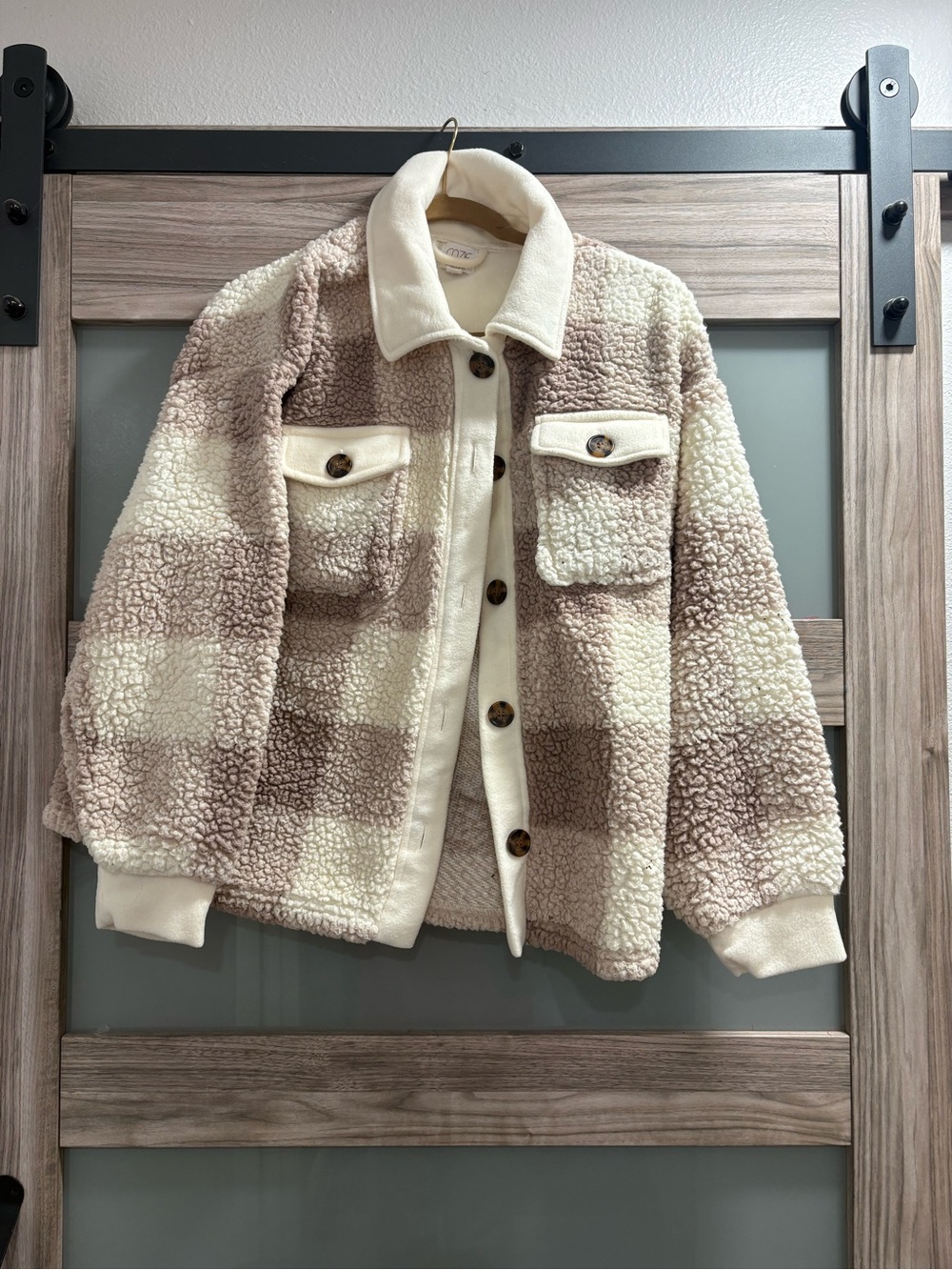 Cozy Casual Cream & Brown Checkered Sherpa Jacket